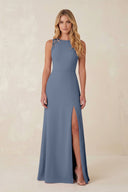 Round Neck Sheath Chiffon Appliqued Bridesmaid Dress in Neptune - KISS BRIDAL Bridesmaid Dresses