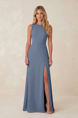 Round Neck Sheath Chiffon Appliqued Bridesmaid Dress in Neptune - KISS BRIDAL Bridesmaid Dresses