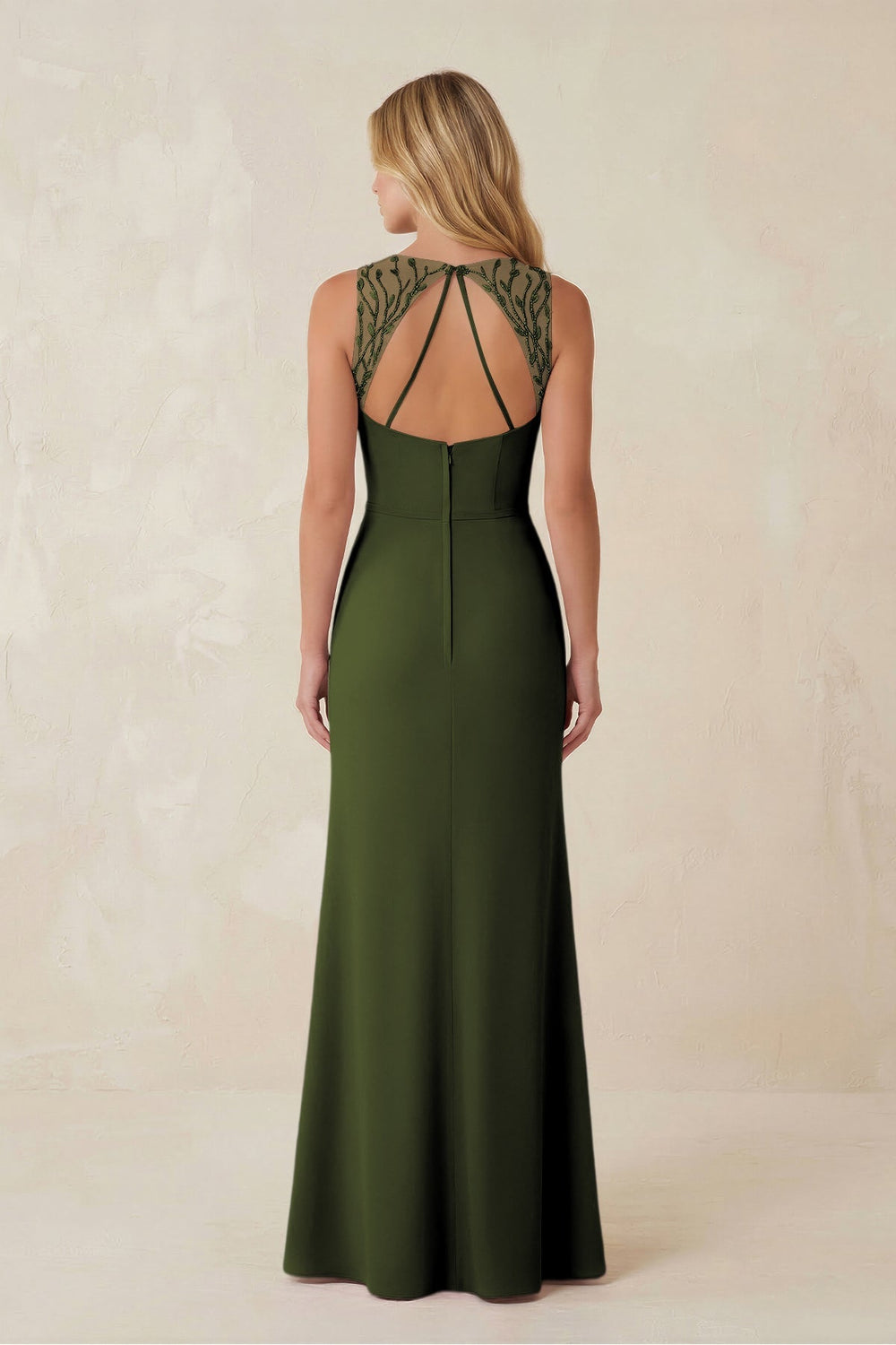 Round Neck Sheath Chiffon Appliqued Bridesmaid Dress in Olive - KISS BRIDAL Bridesmaid Dresses