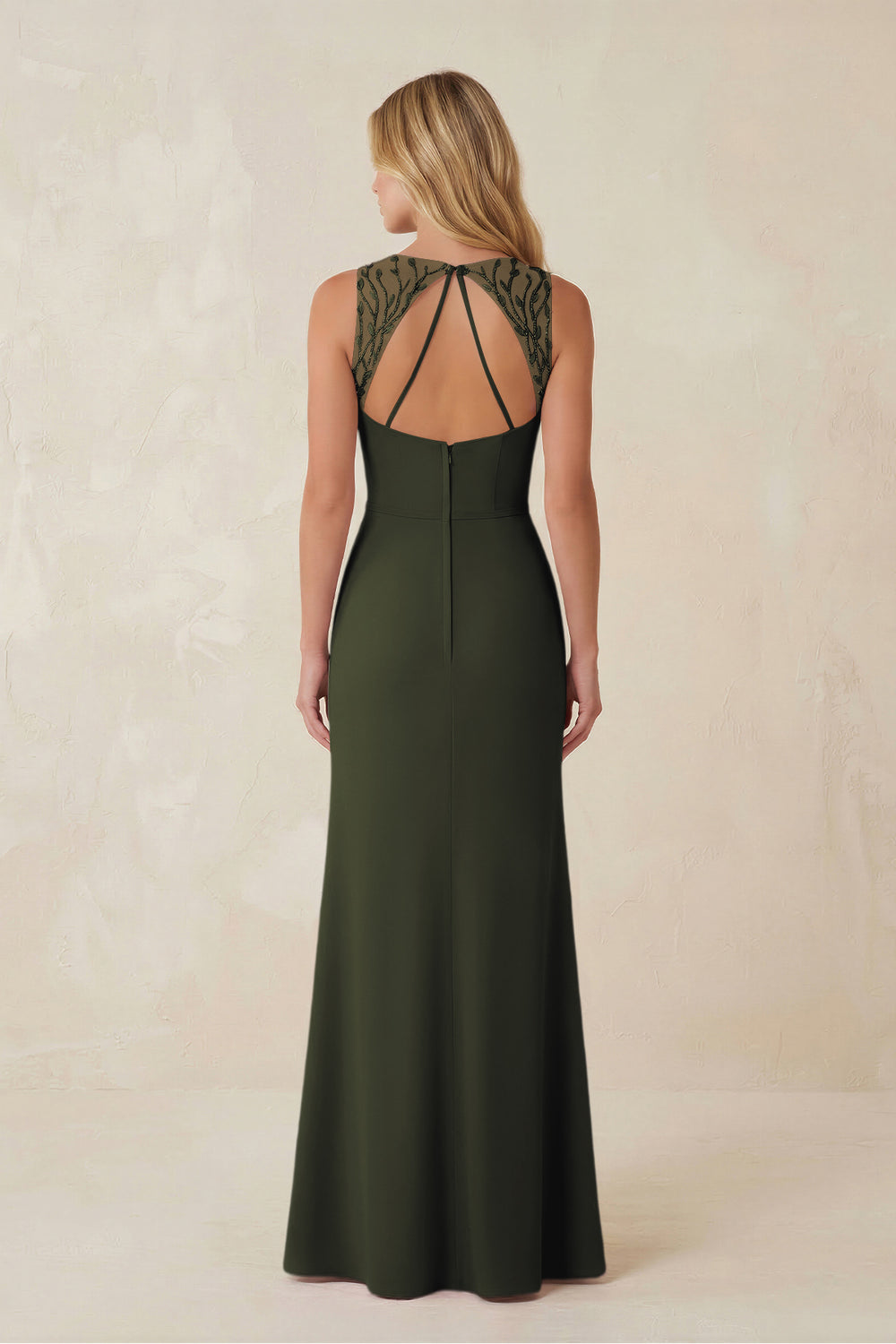 Round Neck Sheath Chiffon Appliqued Bridesmaid Dress in Olive
