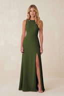Round Neck Sheath Chiffon Appliqued Bridesmaid Dress in Olive - KISS BRIDAL Bridesmaid Dresses