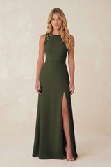 Round Neck Sheath Chiffon Appliqued Bridesmaid Dress in Olive | KISSBRIDAL