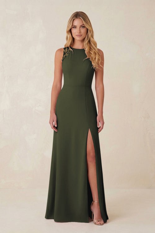 Round Neck Sheath Chiffon Appliqued Bridesmaid Dress in Olive | KISSBRIDAL