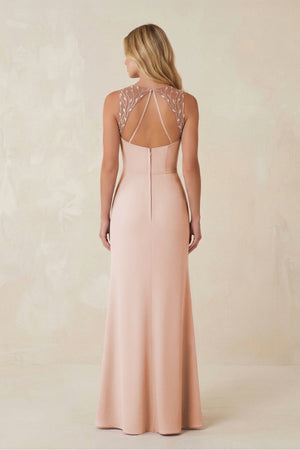 Round Neck Sheath Chiffon Appliqued Bridesmaid Dress in Pale Blush - KISS BRIDAL Bridesmaid Dresses
