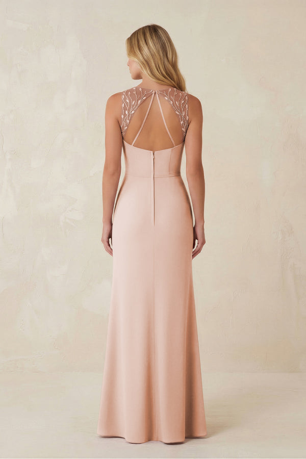 Round Neck Sheath Chiffon Appliqued Bridesmaid Dress in Pale Blush - KISS BRIDAL Bridesmaid Dresses