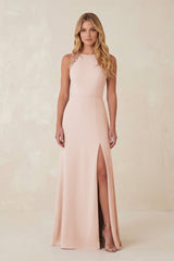 Round Neck Sheath Chiffon Appliqued Bridesmaid Dress in Pale Blush - KISS BRIDAL Bridesmaid Dresses