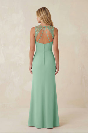 Round Neck Sheath Chiffon Appliqued Bridesmaid Dress in Pale Pistachio (2) | KISSBRIDAL