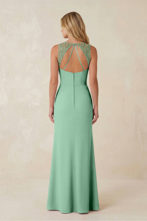 Round Neck Sheath Chiffon Appliqued Bridesmaid Dress in Pale Pistachio - KISS BRIDAL Bridesmaid Dresses