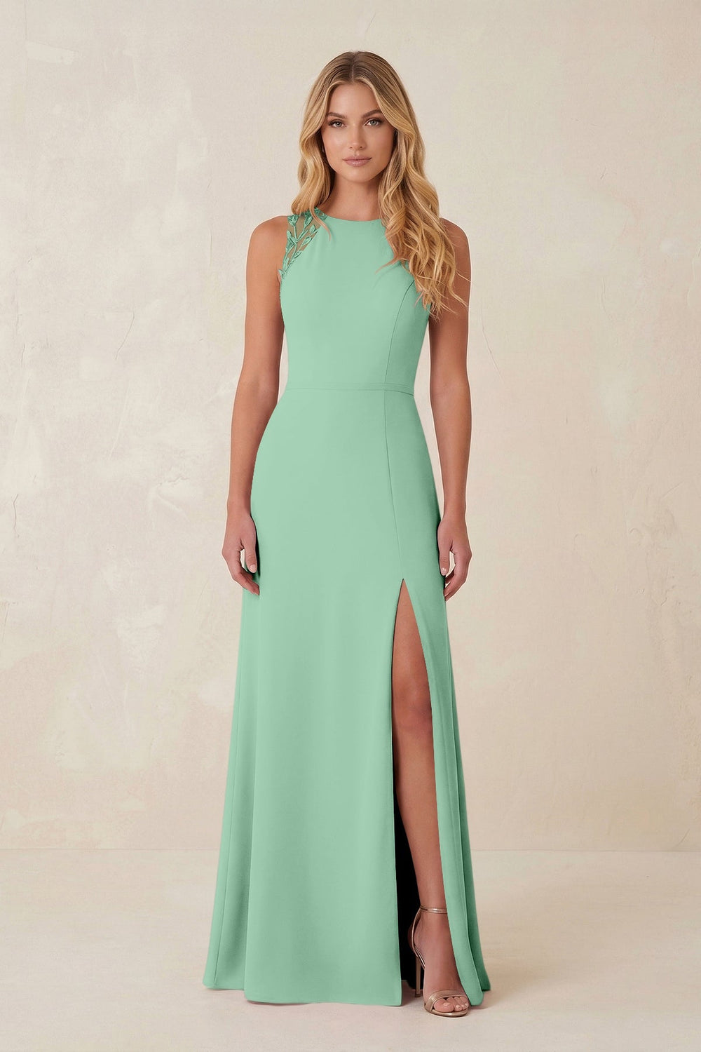 Round Neck Sheath Chiffon Appliqued Bridesmaid Dress in Pale Pistachio - KISS BRIDAL Bridesmaid Dresses