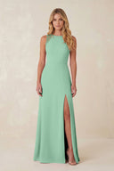 Round Neck Sheath Chiffon Appliqued Bridesmaid Dress in Pale Pistachio - KISS BRIDAL Bridesmaid Dresses