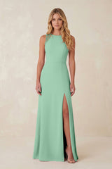 Round Neck Sheath Chiffon Appliqued Bridesmaid Dress in Pale Pistachio - KISS BRIDAL Bridesmaid Dresses