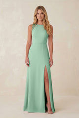 Round Neck Sheath Chiffon Appliqued Bridesmaid Dress in Pale Pistachio | KISSBRIDAL