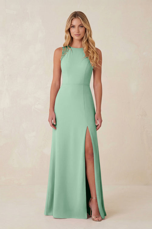 Round Neck Sheath Chiffon Appliqued Bridesmaid Dress in Pale Pistachio | KISSBRIDAL