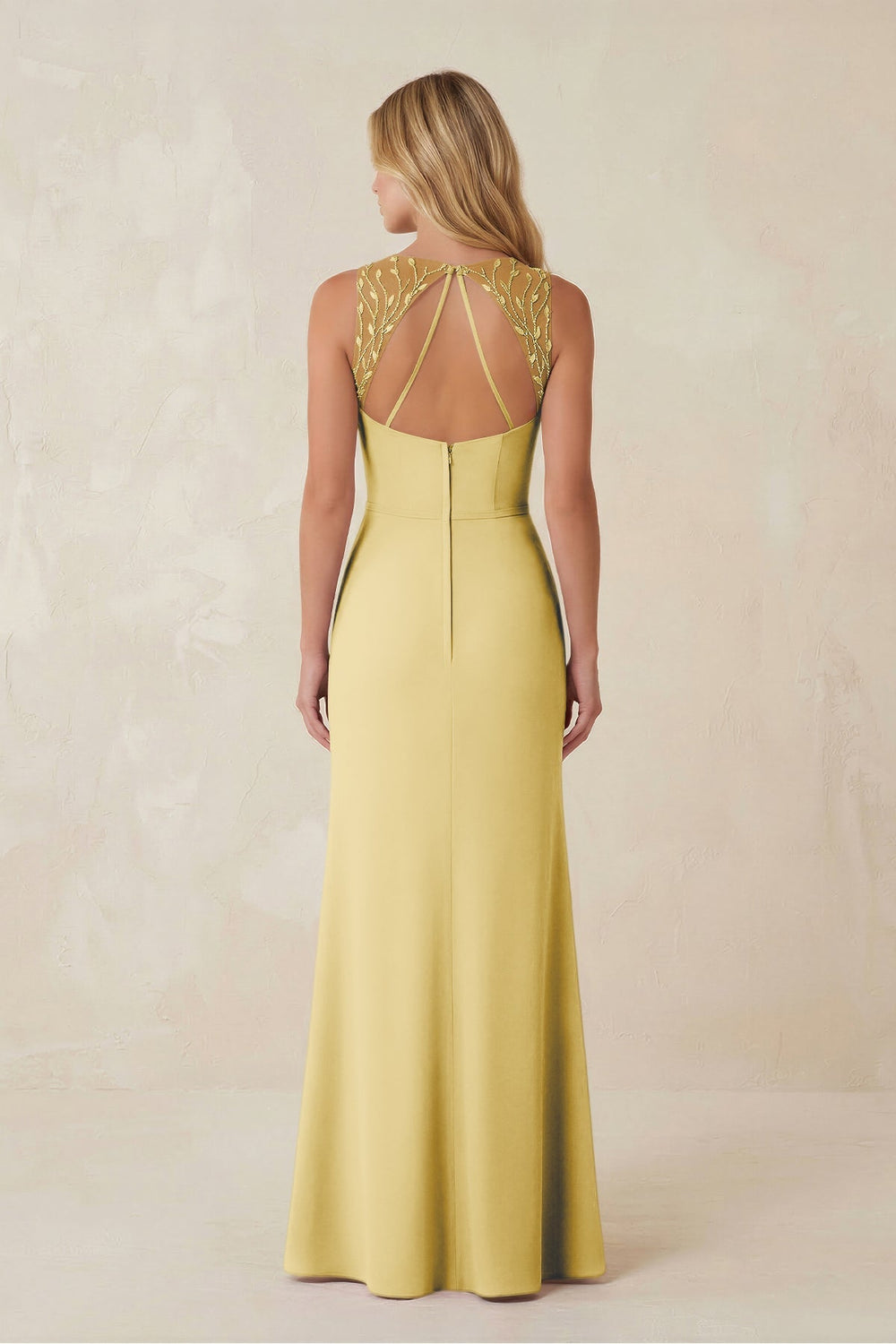 Round Neck Sheath Chiffon Appliqued Bridesmaid Dress in Pastel Yellow - KISS BRIDAL Bridesmaid Dresses
