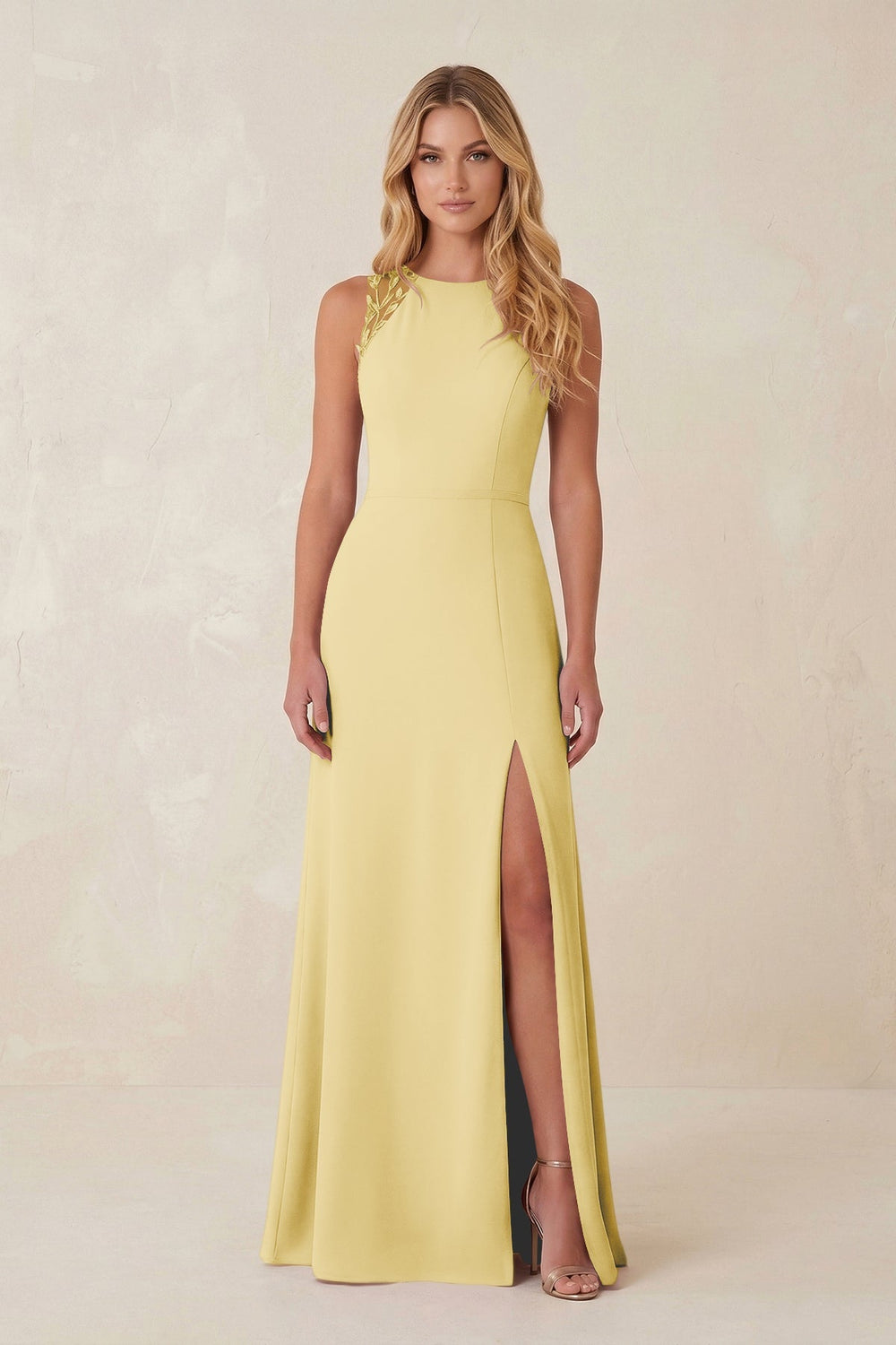 Round Neck Sheath Chiffon Appliqued Bridesmaid Dress in Pastel Yellow - KISS BRIDAL Bridesmaid Dresses