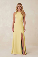 Round Neck Sheath Chiffon Appliqued Bridesmaid Dress in Pastel Yellow - KISS BRIDAL Bridesmaid Dresses