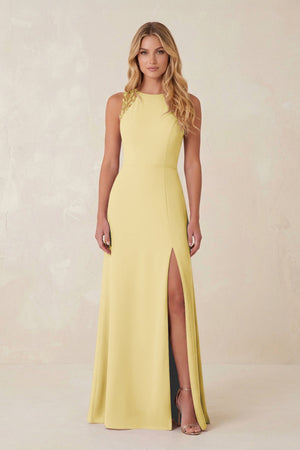 Round Neck Sheath Chiffon Appliqued Bridesmaid Dress in Pastel Yellow - KISS BRIDAL Bridesmaid Dresses