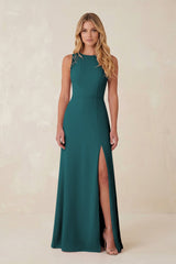 Round Neck Sheath Chiffon Appliqued Bridesmaid Dress in Pine - KISS BRIDAL Bridesmaid Dresses