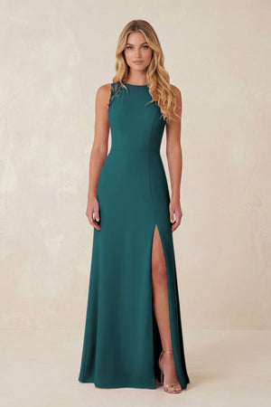 Round Neck Sheath Chiffon Appliqued Bridesmaid Dress in Pine - KISS BRIDAL Bridesmaid Dresses