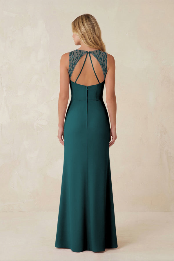 Round Neck Sheath Chiffon Appliqued Bridesmaid Dress in Pine - KISS BRIDAL Bridesmaid Dresses