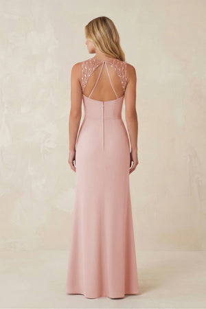 Round Neck Sheath Chiffon Appliqued Bridesmaid Dress in Rose Petal (2) | KISSBRIDAL