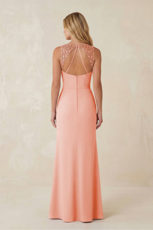 Round Neck Sheath Chiffon Appliqued Bridesmaid Dress in Rose Petal - KISS BRIDAL Bridesmaid Dresses