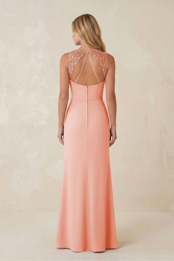 Round Neck Sheath Chiffon Appliqued Bridesmaid Dress in Rose Petal - KISS BRIDAL Bridesmaid Dresses