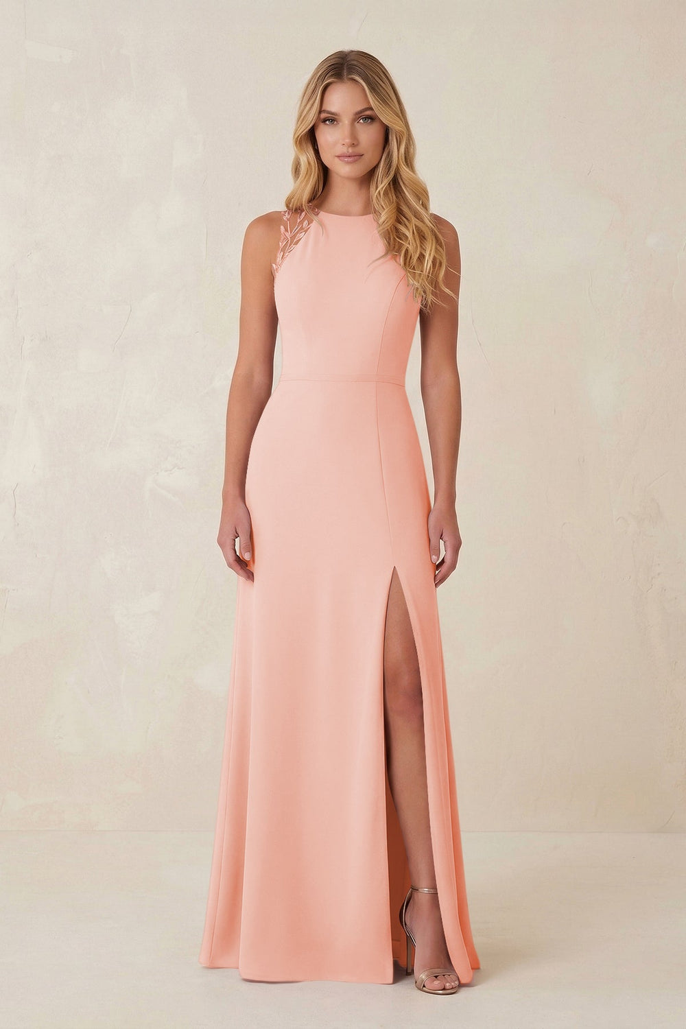 Round Neck Sheath Chiffon Appliqued Bridesmaid Dress in Rose Petal - KISS BRIDAL Bridesmaid Dresses
