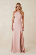 Round Neck Sheath Chiffon Appliqued Bridesmaid Dress in Rose Petal | KISSBRIDAL