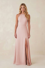 Round Neck Sheath Chiffon Appliqued Bridesmaid Dress in Rose Petal | KISSBRIDAL