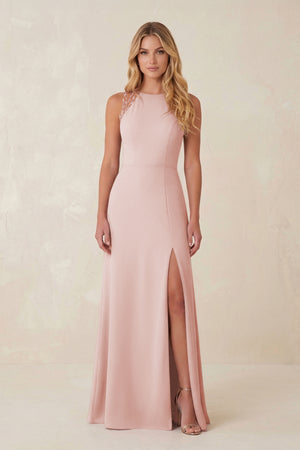 Round Neck Sheath Chiffon Appliqued Bridesmaid Dress in Rose Petal | KISSBRIDAL