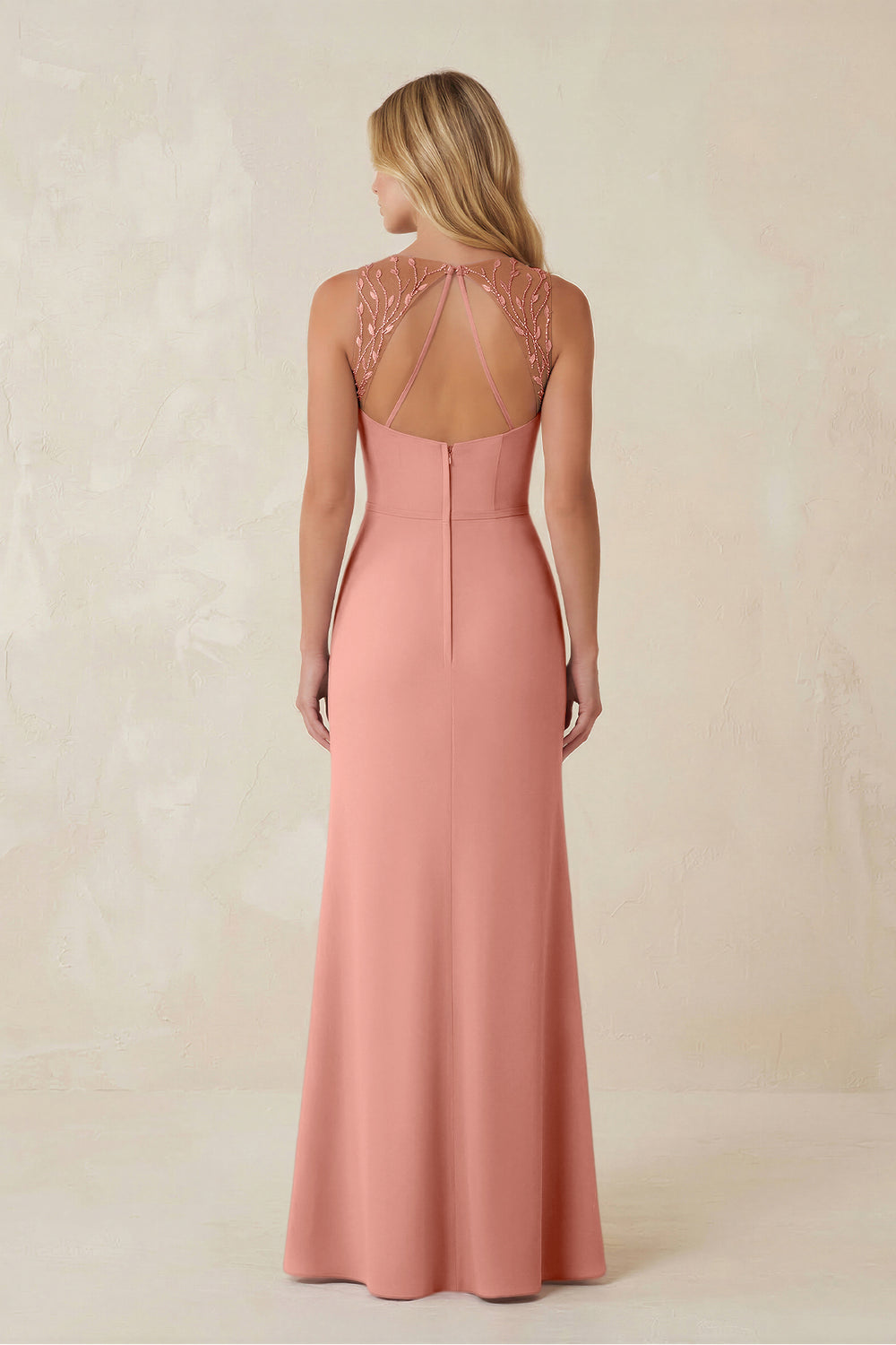 Round Neck Sheath Chiffon Appliqued Bridesmaid Dress in Rosette