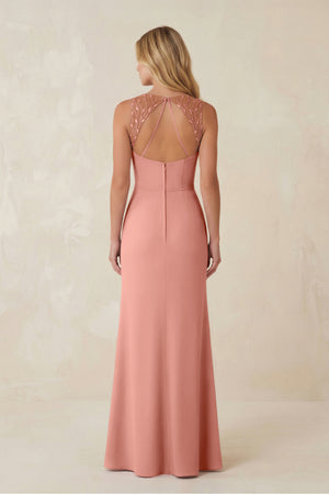 Round Neck Sheath Chiffon Appliqued Bridesmaid Dress in Rosette (2) | KISSBRIDAL