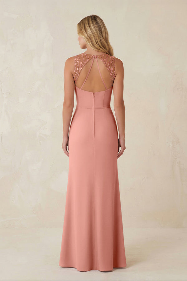 Round Neck Sheath Chiffon Appliqued Bridesmaid Dress in Rosette (2) | KISSBRIDAL