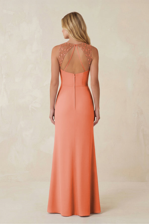 Round Neck Sheath Chiffon Appliqued Bridesmaid Dress in Rosette - KISS BRIDAL Bridesmaid Dresses