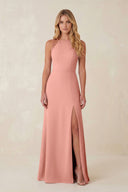 Round Neck Sheath Chiffon Appliqued Bridesmaid Dress in Rosette | KISSBRIDAL