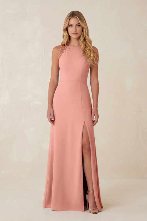 Round Neck Sheath Chiffon Appliqued Bridesmaid Dress in Rosette | KISSBRIDAL