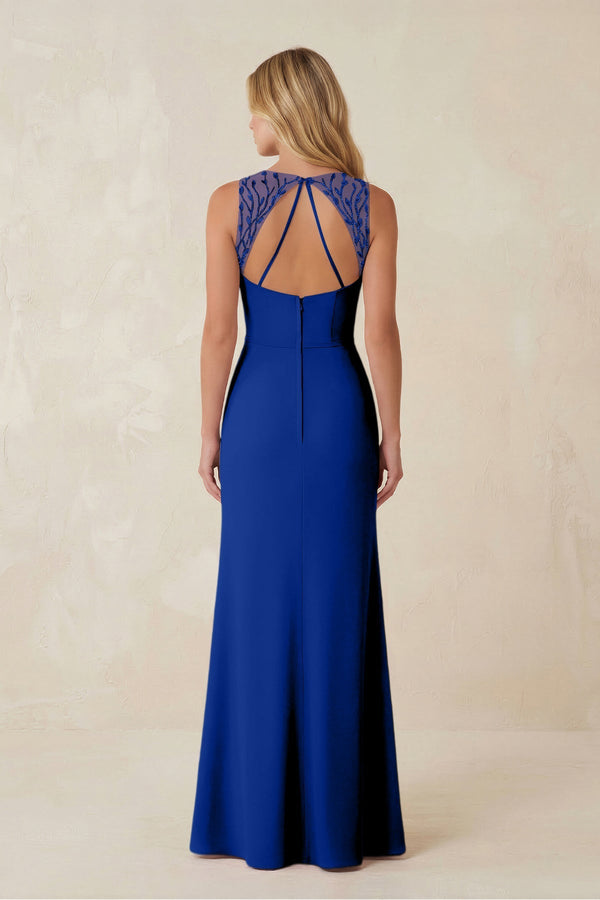 Round Neck Sheath Chiffon Appliqued Bridesmaid Dress in Royal Blue - KISS BRIDAL Bridesmaid Dresses