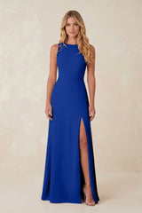 Round Neck Sheath Chiffon Appliqued Bridesmaid Dress in Royal Blue - KISS BRIDAL Bridesmaid Dresses