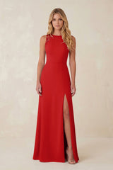 Round Neck Sheath Chiffon Appliqued Bridesmaid Dress in Ruby Red - KISS BRIDAL Bridesmaid Dresses