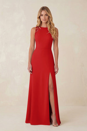 Round Neck Sheath Chiffon Appliqued Bridesmaid Dress in Ruby Red - SHE IS ME Bridesmaid Dresses