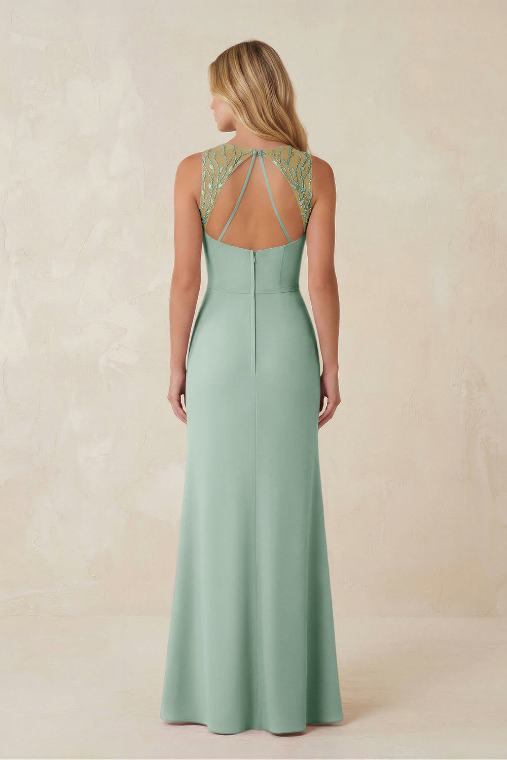 Round Neck Sheath Chiffon Appliqued Bridesmaid Dress in Sage