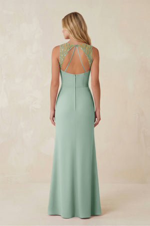 Round Neck Sheath Chiffon Appliqued Bridesmaid Dress in Sage (2) | KISSBRIDAL