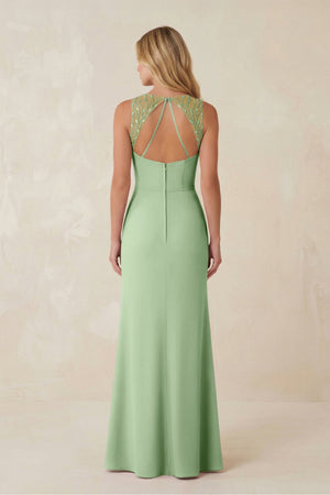 Round Neck Sheath Chiffon Appliqued Bridesmaid Dress in Sage - KISS BRIDAL Bridesmaid Dresses