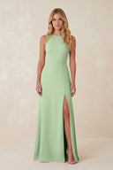 Round Neck Sheath Chiffon Appliqued Bridesmaid Dress in Sage - KISS BRIDAL Bridesmaid Dresses