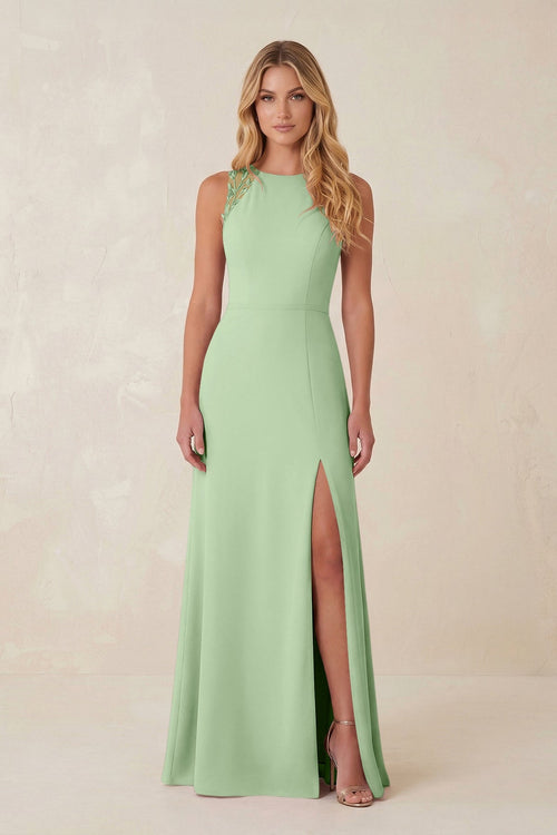 Round Neck Sheath Chiffon Appliqued Bridesmaid Dress in Sage - KISS BRIDAL Bridesmaid Dresses