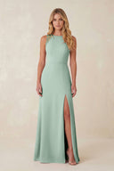Round Neck Sheath Chiffon Appliqued Bridesmaid Dress in Sage | KISSBRIDAL