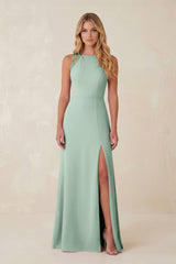 Round Neck Sheath Chiffon Appliqued Bridesmaid Dress in Sage | KISSBRIDAL