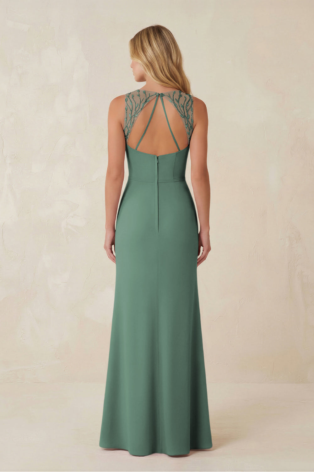 Round Neck Sheath Chiffon Appliqued Bridesmaid Dress in Sea Glass