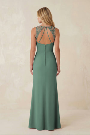 Round Neck Sheath Chiffon Appliqued Bridesmaid Dress in Sea Glass (2) | KISSBRIDAL